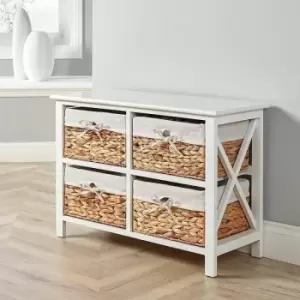 Image of Dartmouth - White Wooden Storage Unit 4 Drawer Chest Water Hyacinth Basket Hallway Organiser - Grey