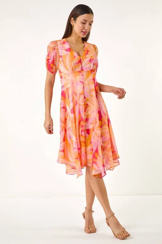 Image of Roman Womens Abstract Floral Print Hanky Hem Dress in Orange Size: 16 Orange Female 16