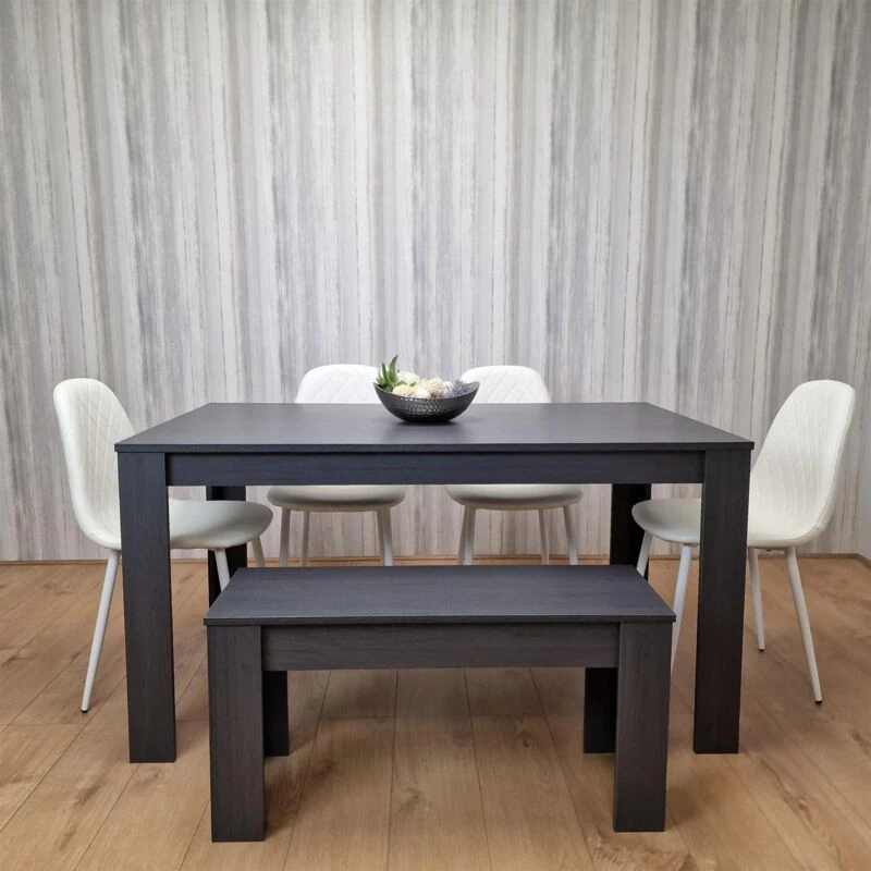 Image of KOSY KOALA Kosy Koala - Dining Table and 4 Chairs With Bench Black Dark Grey 4 White Leather Wooden Bench Chairs Wood Dining Set Furniture Arrow charc