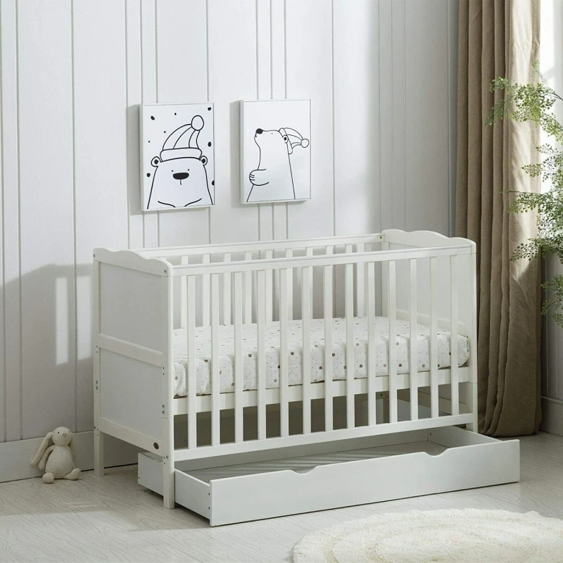 Image of MCC Direct Wooden Baby Cot Bed with Drawer and mattress Orlando White