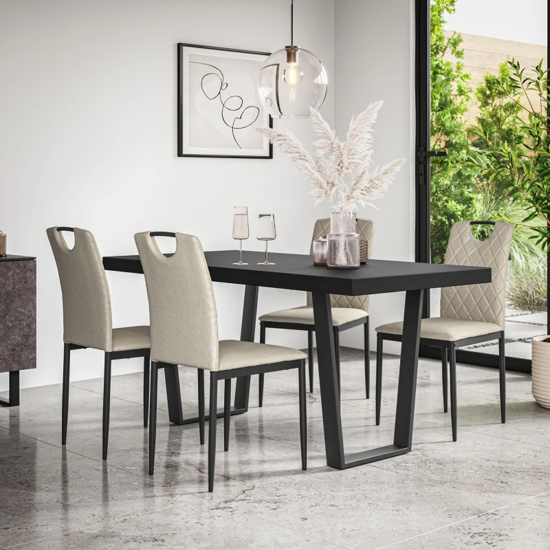 Image of More4Homes Aria Dining Table And Chairs - Black Table Top W Black Legs + Monza Linen Dining Chair Set Of 4 (Beige)