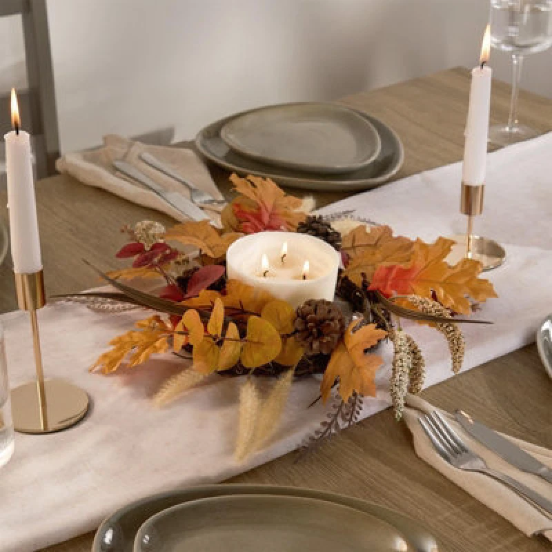 Image of OHS OHS Decorative Candle Holder Rustic Brown Fall with Leaves Candles Tray Brown One Size Unisex 5027434217205