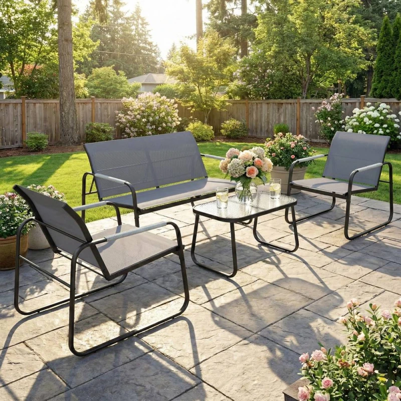 Image of OUTSUNNY Garden Sofa Set with Loveseat, 2 Armchairs, Tempered Glass Table in Grey Grey Unisex