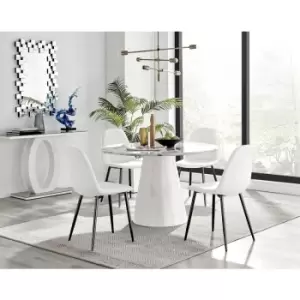 Image of Furniturebox Palma White Marble Effect 120cm Round Minimalist Dining Table & 4 White Corona Faux Leather Dining Chairs with Black Legs Diamond Stitch