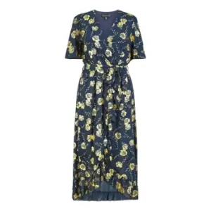 Image of Mela London Navy Rose Foil Print Wrap Midi Dress - Blue