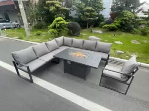 Image of Fimous 7 Seater Outdoor Dark Grey Aluminum Lounge Complete Sofa Set with Gas Fire Pit and Tempered Glass Dining Table
