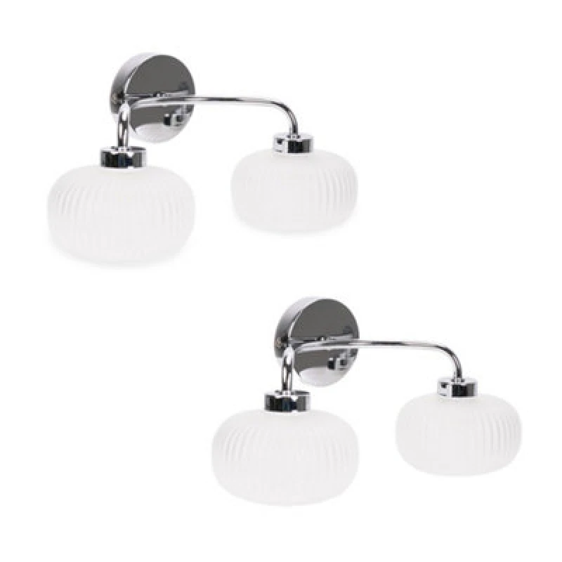 Image of ValueLights Amaia Pair of Polished Chrome IP44 Rated 2 Way Frosted Ribbed Glass Wall Lights Silver