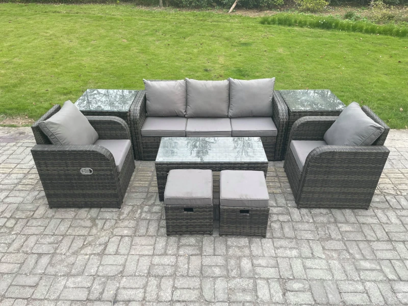 Image of Fimous 7 Seater Rattan Garden Furniture Set with Rectangular Coffee Table 2 Side Tables 2 Small Footstools Patio Outdoor Dark Grey