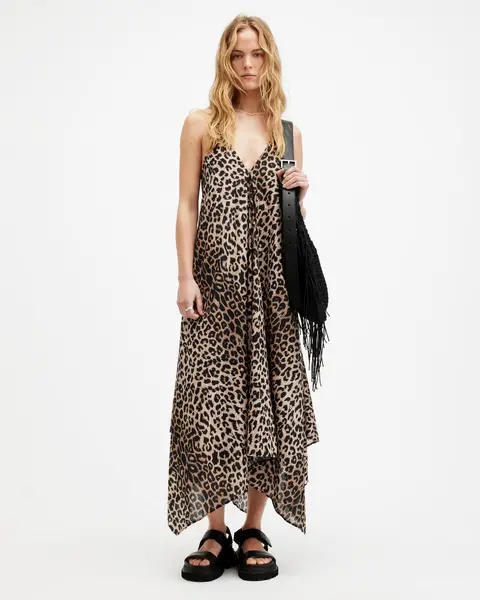 Image of AllSaints Lil Leopard Print Asymmetric Maxi Dress