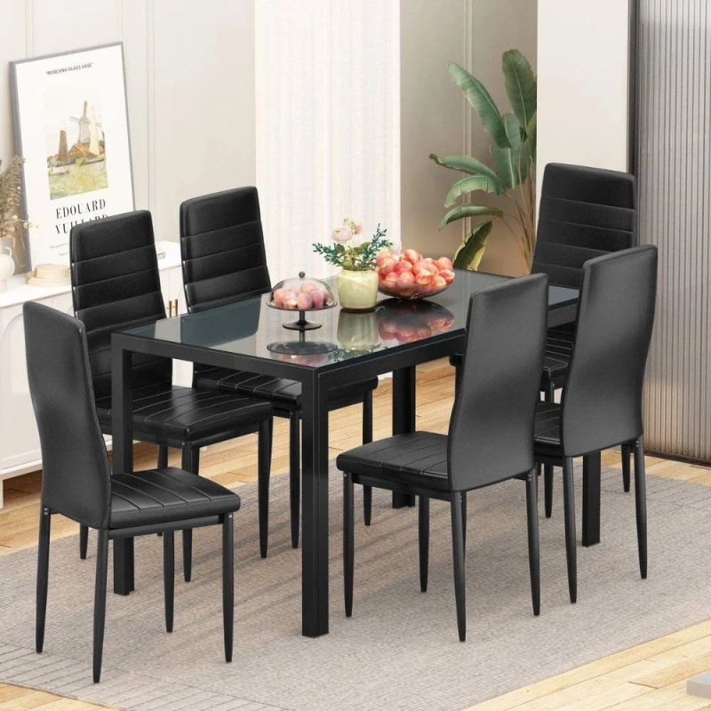 Image of KOSY KOALA Black Glass Table set with 6 Black Faux Leather Chairs Home Furniture Size: 120cm x 70cm Black Unisex 120cm x 70 cm