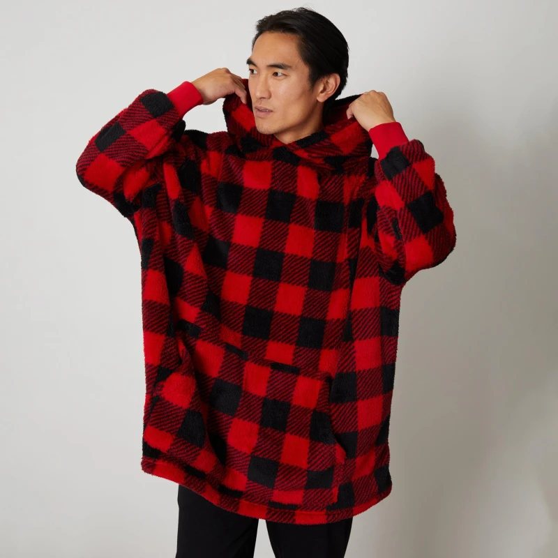 Image of Threadbare 'Sleigh' Borg Oversized Check Loungewear Hoodie Red