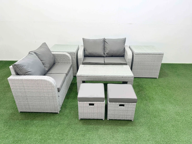 Image of Fimous 6 Seater Outdoor Love Sofa Set Rattan Garden Furniture Set with Oblong Coffee Table 2 Small Stools 2 Side Tables Light Grey Light Grey