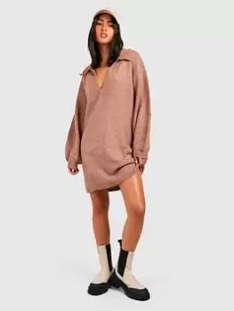 Image of Boohoo Polo Neck Oversized Knitted Jumper Dress - Camel, Beige, Size L, Women