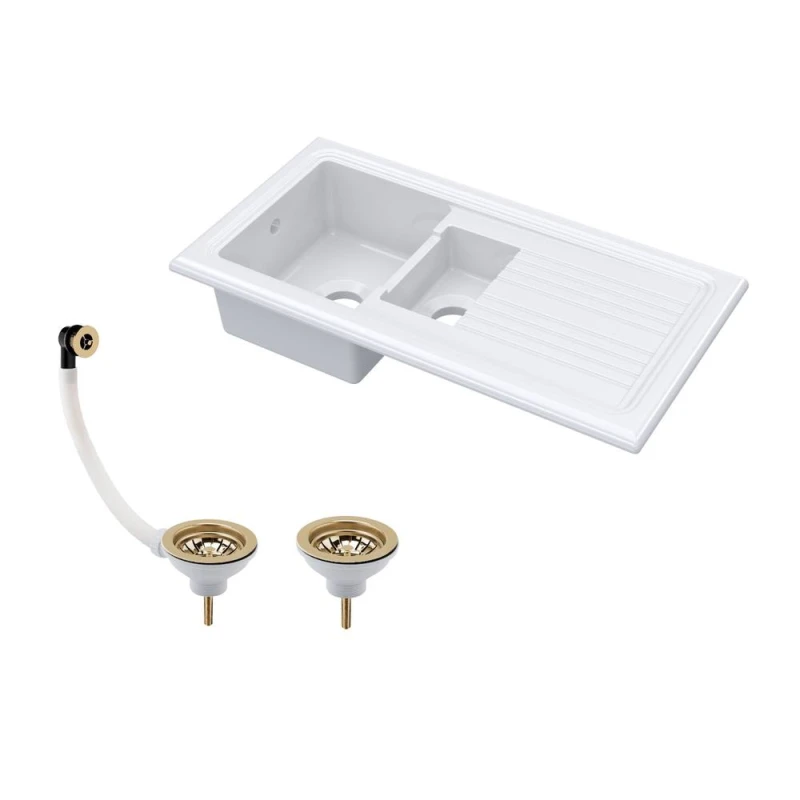 Image of Balterley 101cm 1.5 Bowl Fireclay Inset Sink & Drainer & Brass Wastes - White White Unisex