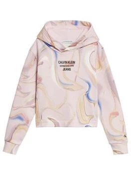 Image of Calvin Klein Jeans Girls Liquid Print Hoodie - Pink, Size Age: 14 Years, Women