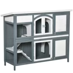 Image of Pawhut Two-tier Wooden Rabbit Hutch With Openable Roof Slide-out Tray Ramp - Grey