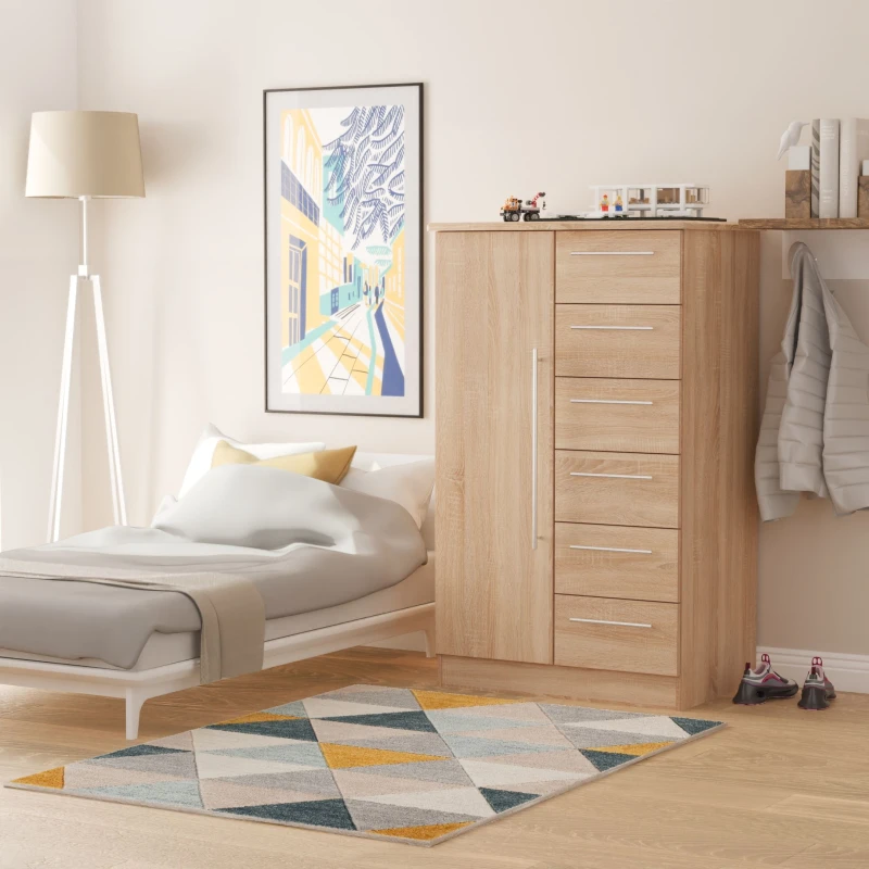 Image of Ready Assembled 2 U Carlton 1 Door 5 Drawer Kids Robe (Ready Assembled) in Light Oak Size: Large Light Oak Unisex Large