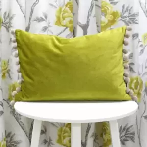 Image of Riva Paoletti Fiesta Velvet Pom Pom Fringe Cushion Cover, Bamboo/Natural, 35 x 50 Cm