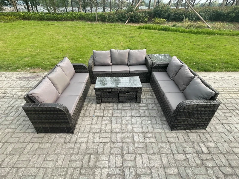 Image of Fimous 11 Seater Outdoor Lounge Sofa Set Rattan Garden Furniture Set with Rectangular Coffee Table Side Table 2 Small Footstools 3 Seater Sofa Dark Gr