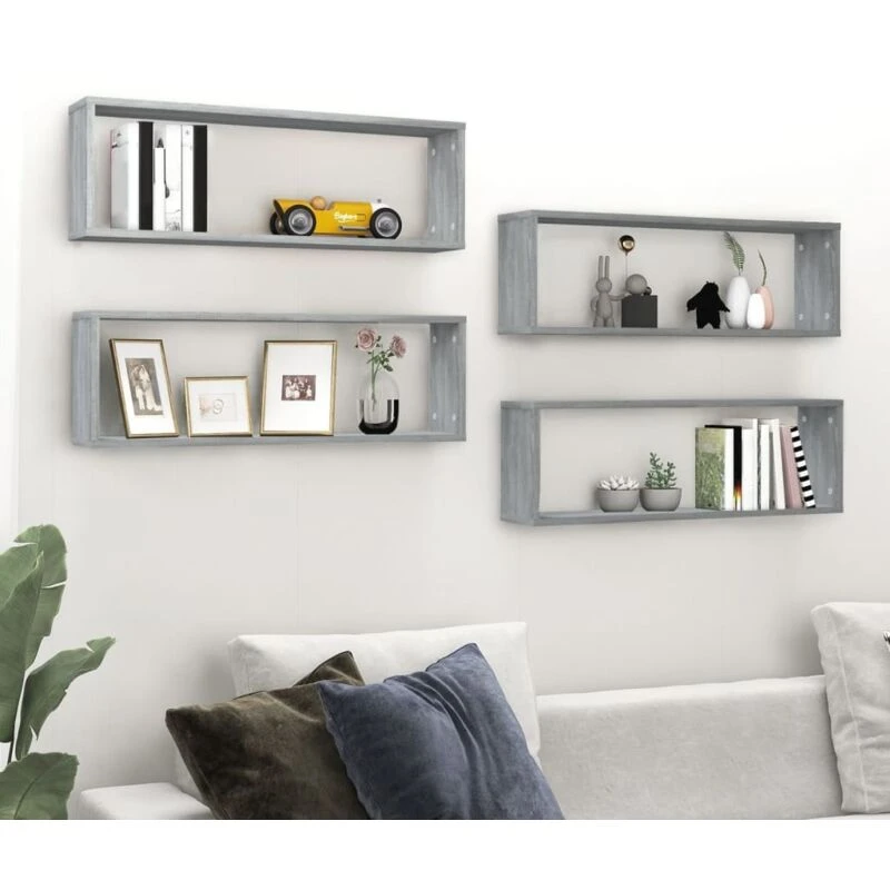 Image of vidaXL Wall Cube Shelves 4 Pcs Grey Sonoma 80x15x26.5cm Engineered Wood, Grey 815919