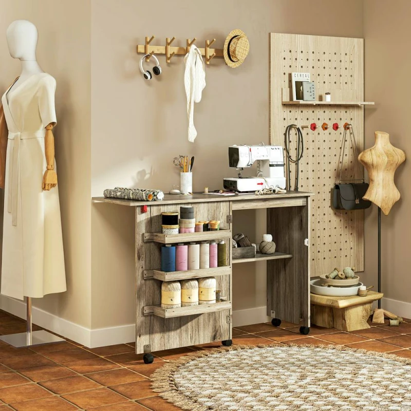 Image of HOMCOM Folding Sewing Table Rolling Craft Table with Drop Leaf Wheels Grey Grey