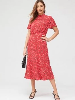 Image of Oasis Ditsy Heart High Neck Midi Dress - Red , Multi Red, Size 8, Women