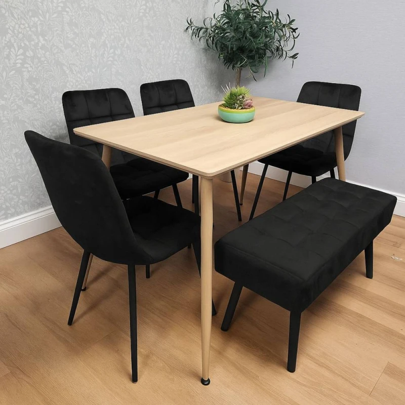 Image of Kosy Koala Dining Table Set With 4 Black Velvet Chairs And 1 Black Velvet Bench Dining Room Furniture