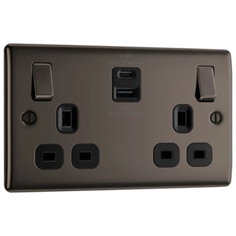 Image of Bg Black Nickel Double 13A 22W Raised Slim Switched Screwed Socket With Usb, X2 & Black Inserts