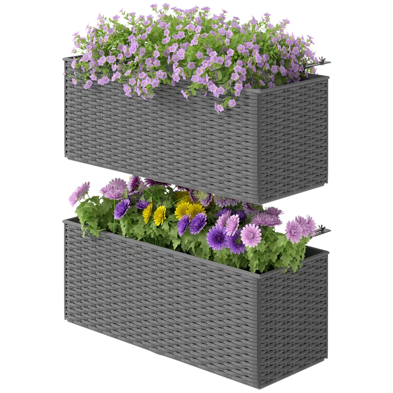 Image of Outsunny Outsunny Set of 2 Hanging Flower Boxes, 50cm Long, Rattan Look - Grey