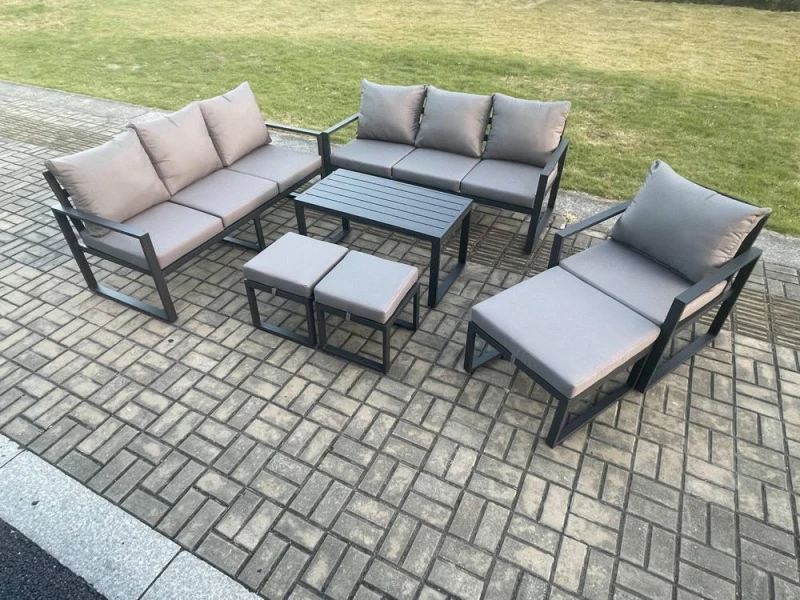Image of Fimous Aluminium 7 Pieces Garden Furniture Set with Cushions 10 Seater Outdoor Patio Lounge Sofa Set with Armchair 3 Footstools in Dark Grey Dark Grey