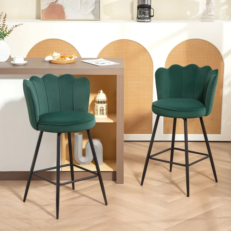 Image of HOMCOM HOMCOM Bar Stools Set of 2 Velvet Barstools with Petal Backrest and Footrest in Dark Green Dark Green One Size Unisex 5063603875128