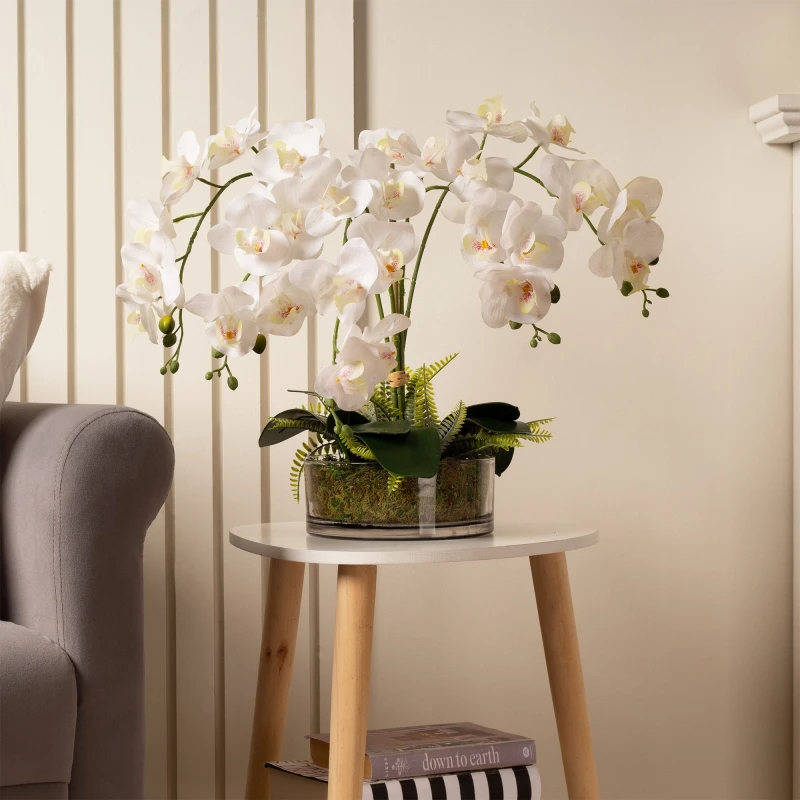 Image of Scottish Everlastings Ltd Real Touch 5-Stem Orchid With Fern In Glass Pot 55cm, Green SEL1232