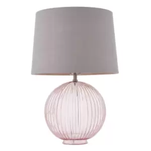 Image of Table Lamp Dusky Pink Ribbed Glass & Charcoal Linen 40W E27 Bedside Light