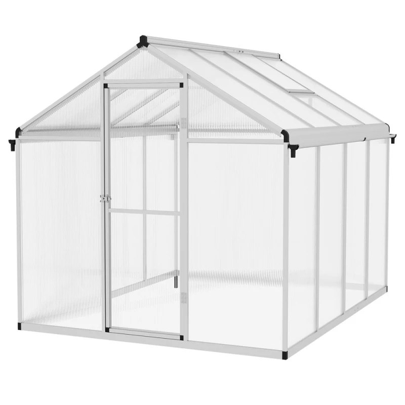Image of Outsunny 8x6ft Aluminium Greenhouse with Door Window Galvanised Base PC Panel, Clear 845-243V04SR