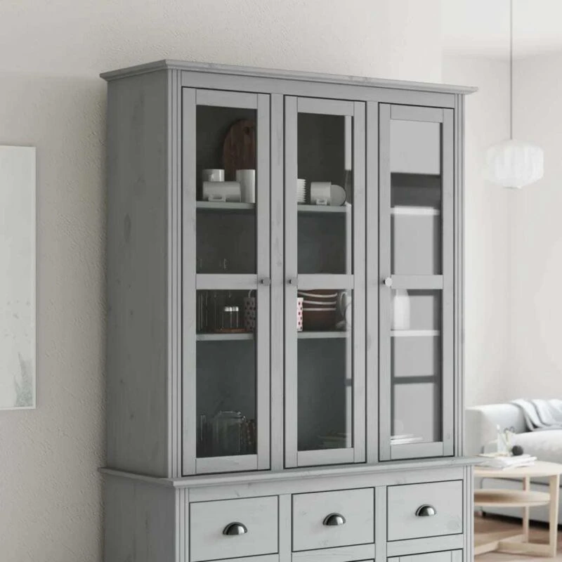 Image of Vidaxl Cabinet With Glass Doors Bodo Grey Solid Wood Pine, Grey 355079