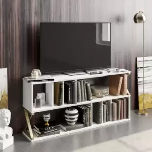 Image of Decorotika Termas 140 Cm TV Stand, TV Unit, TV Console, TV Cabinet With Open Shelves - White And Gold