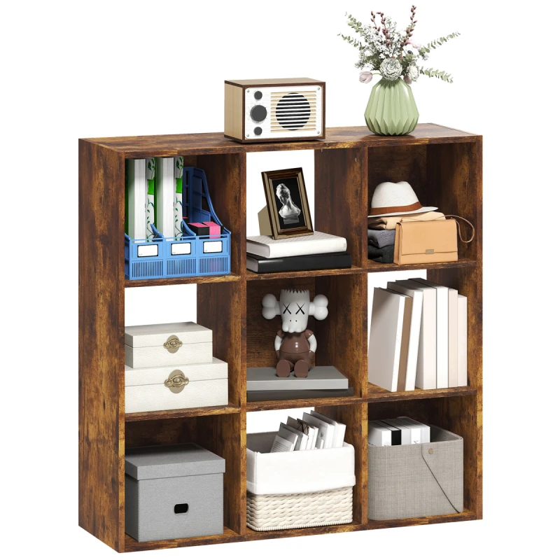 Image of HOMCOM HOMCOM 3-tier Storage Cupboard Bookcase with 9 Cubes, Rustic Brown Brown One Size Unisex 5063603043763