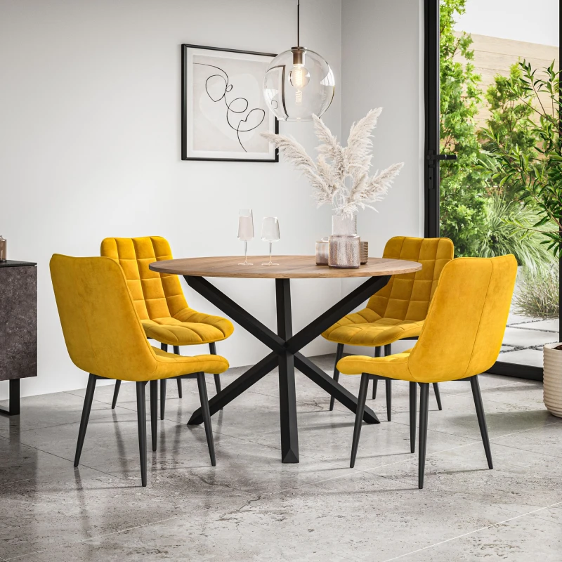 Image of More4Homes Malvern Round Dining Table And Chairs - Oak Table Top W Solid Black Oak Legs + Nova Velvet Dining Chair Set Of 4 (Mustard)