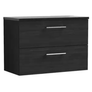 Image of Nuie Arno Charcoal Black 800mm Wall Hung 2 Drawer Vanity Unit with Sparkling Black Laminate Worktop - ARN626LSB - Charcoal Black