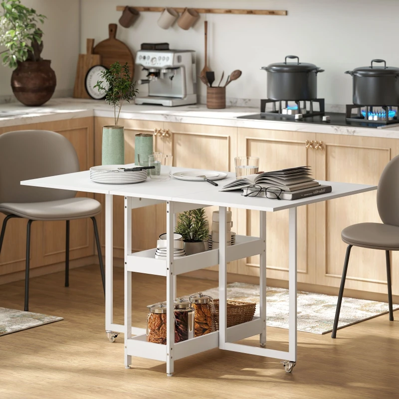 Image of HOMCOM Folding Dining Table, Drop Leaf Table with Open Compartments, White 83A-296V00WT
