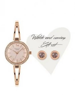 Image of Radley Mother Of Pearl Crystal Set Dial Rose Gold Stainless Steel Bangle Ladies Watch And Rose Gold Crystal Earrings Gift Set