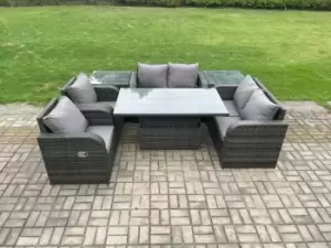 Image of Fimous 6 Seater Outdoor Dark Grey Rattan Lounge Sofa Complete Set with Adjustable Table and 2 Side Tables