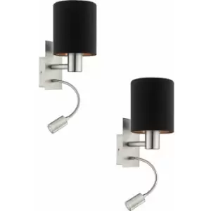 Image of 2 pack Wall Light Satin Nickel Shade Black Copper Fabric E27 LED 1x40W 1x3.5W