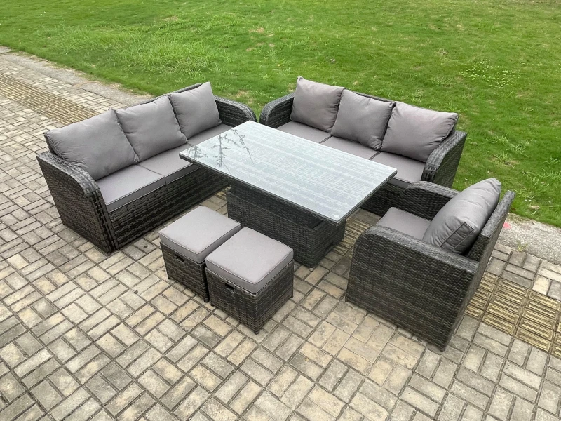 Image of Fimous Outdoor Rattan Garden Furniture Sets Height Adjustable Rising lifting Dining Table Sofa Set with Reclining Chair 2 Small Footstool Dark Grey
