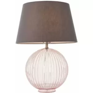 Image of Table Lamp Dusky Pink Ribbed Glass & Charcoal Grey Cotton 40W E27 GLS