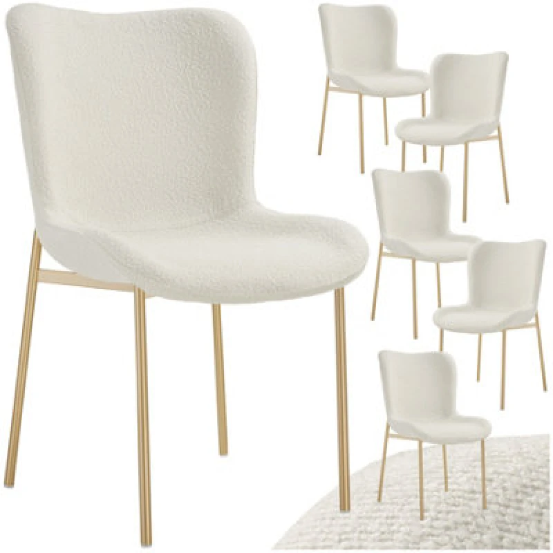 Image of Tectake Set Of 6 Dining Chair Tessa - Ergonomic High Backrest, Slim Steel Legs, Soft Fabric - Boucle White/gold