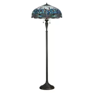 Image of Dragonfly 2 Light Floor Lamp Dark Bronze, Blue, Tiffany Style Glass, E27