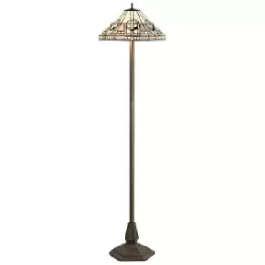 Image of 2 Light Octagonal Floor Lamp E27 With 40cm Tiffany Shade, White, Grey, Black, Clear Crystal, Aged Antique Brass - Luminosa Lighting