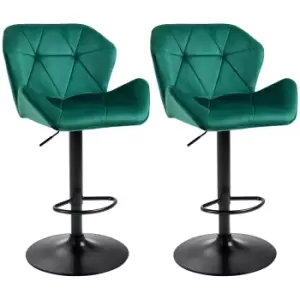 Image of HOMCOM Bar Stools Set Of 2, Luxurious Velvet-Touch Barstools with Metal Frame Footrest Round Base Triangle Indenting Adjustable Height Swivel Green