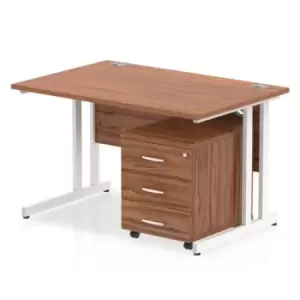 Image of Impulse 1200 x 800mm Straight Office Desk Walnut Top White Cantilever Leg Workstation 3 Drawer Mobile Pedestal